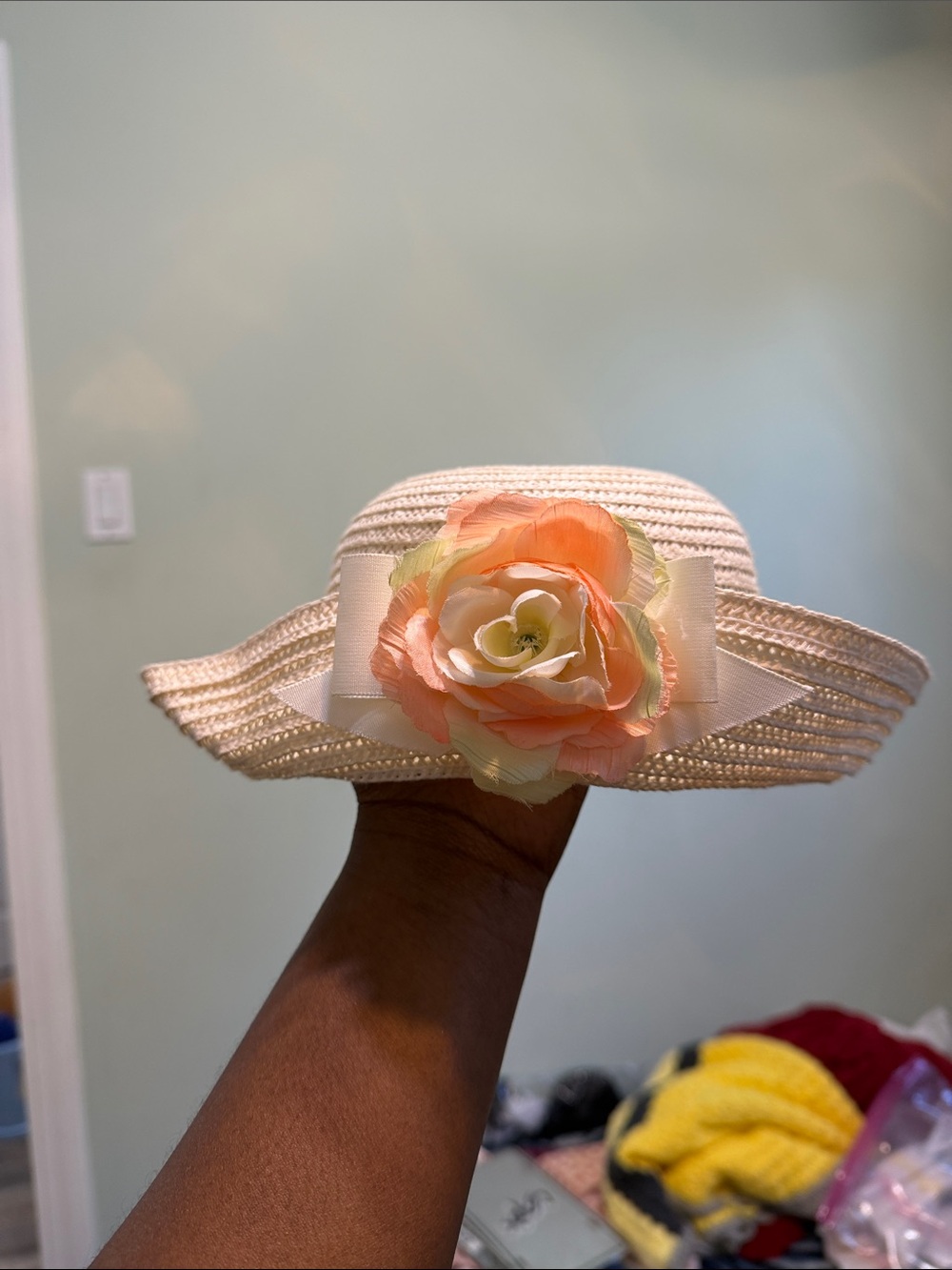 Girls Straw Sun Hat with Peach Floral Accent